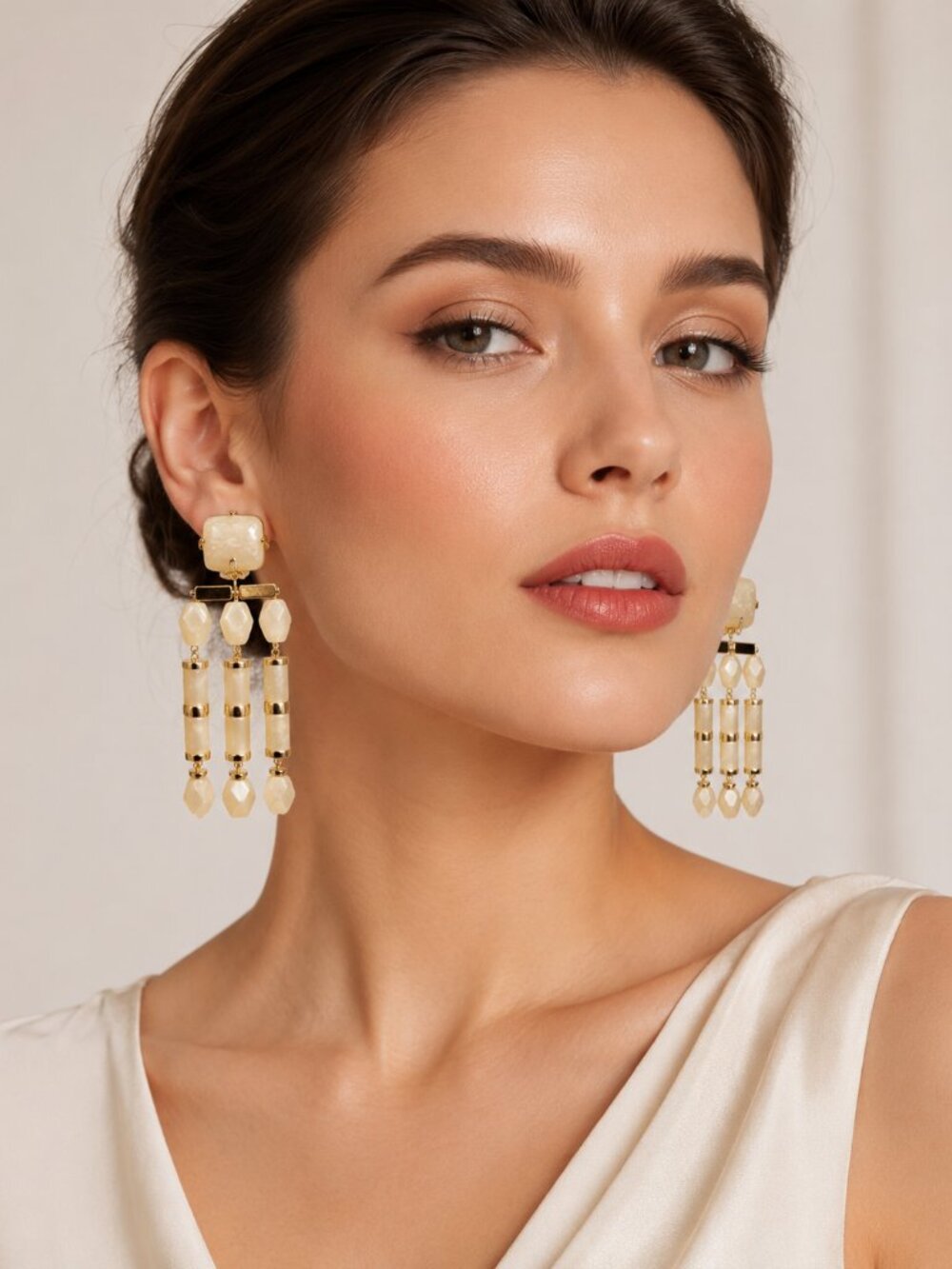 Parfois Beige Gold Stone Effect Clip On Drop Earrings